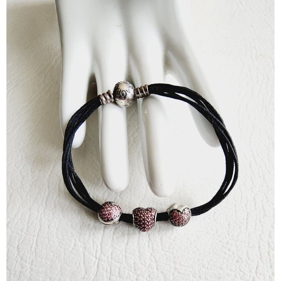 Pandora 925 Textile Multi String Bracelet  Pink Pave CZ Heart / 2 Heart Clips - Picture 1 of 14